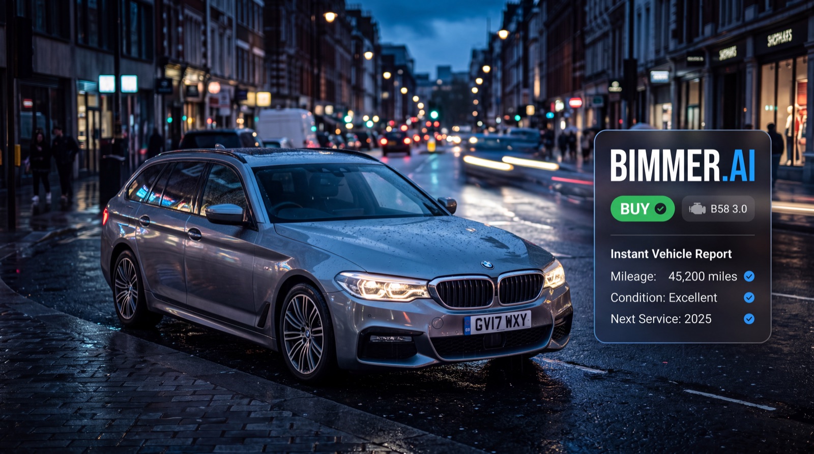 Bimmer.AI instant BMW buyer report showing a BUY verdict, B58 3.0 engine and 45,200 miles