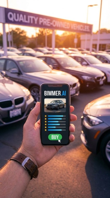 Bimmer.AI app on a phone at a used-car forecourt showing a BUY verdict